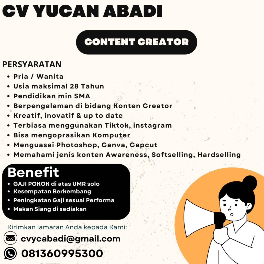 Lowongan Kerja Desember 2024 Content Creator CV Yucan Abadi di Solo ...