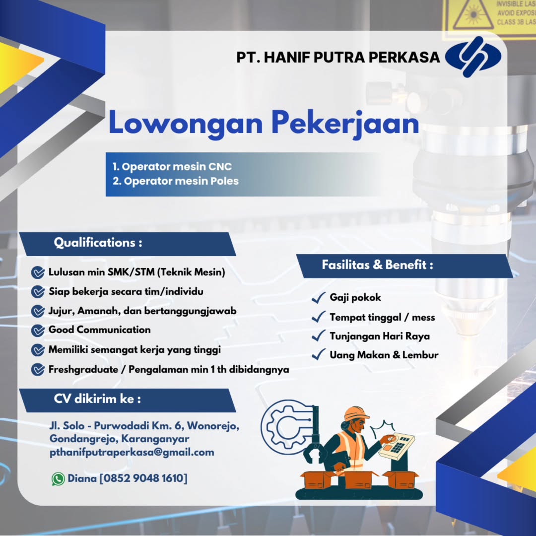 Lowongan Kerja Desember 2024 Operator Mesin PT Hanif Putra Perkasa di ...