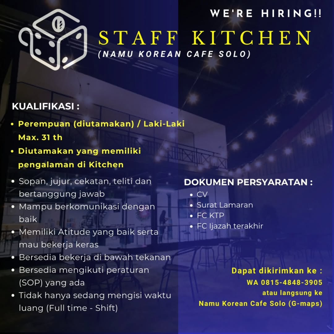 Lowongan Kerja Desember 2024 Staff Kitchen Namu Korean Cafe di Solo ...