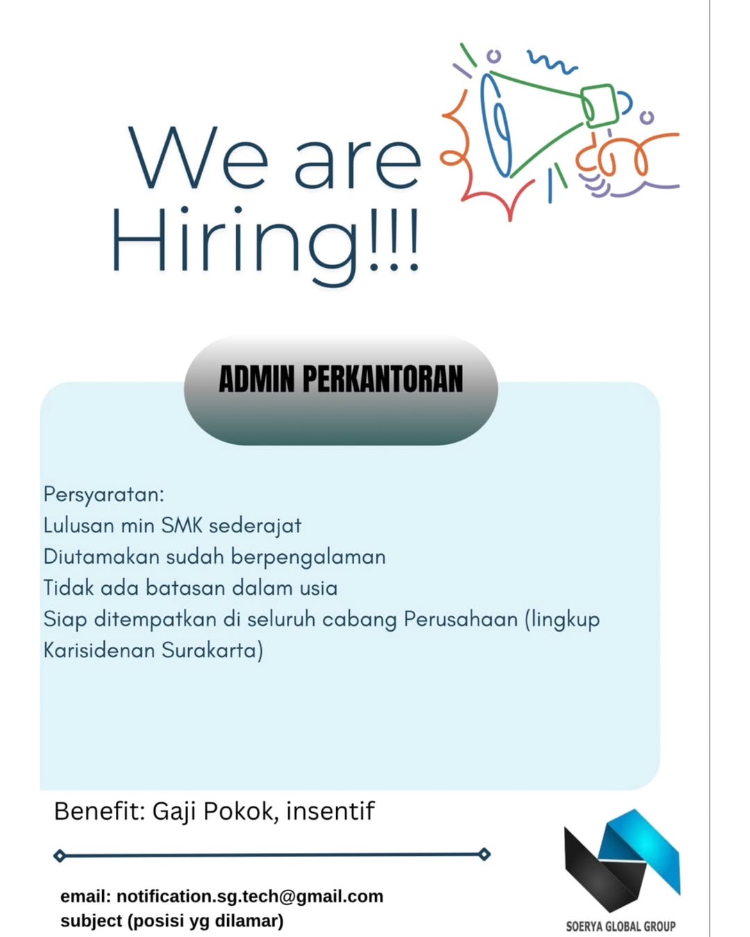 Lowongan Kerja Januari 2025 Admin Perkantoran Soerya Global Group di ...