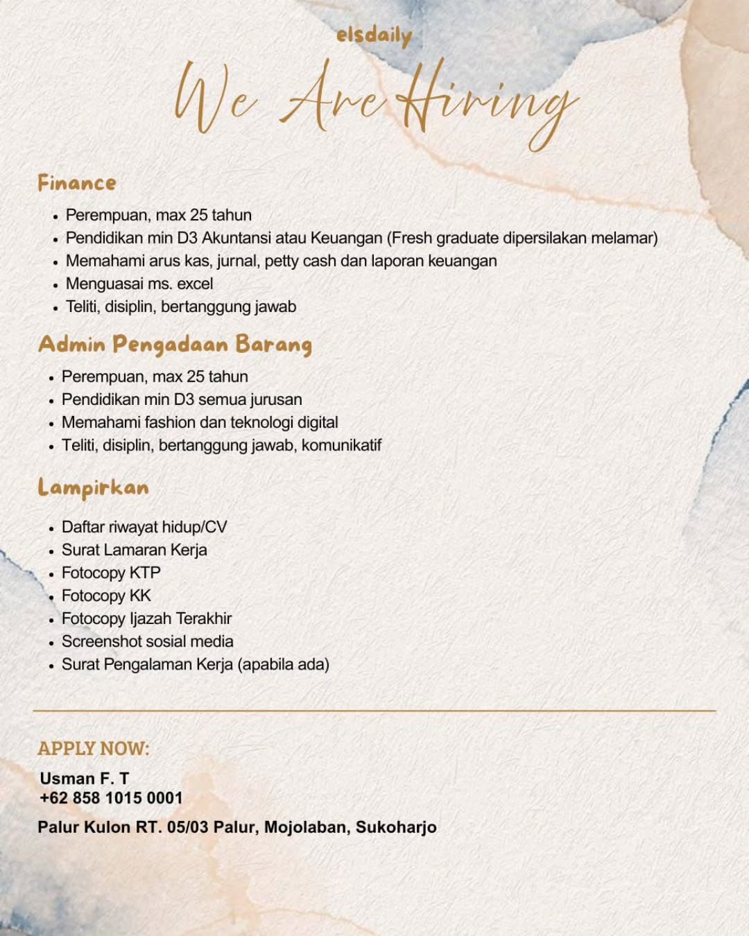 Lowongan Kerja November 2025 Admin Finance Els Daily di Solo - INFO ...