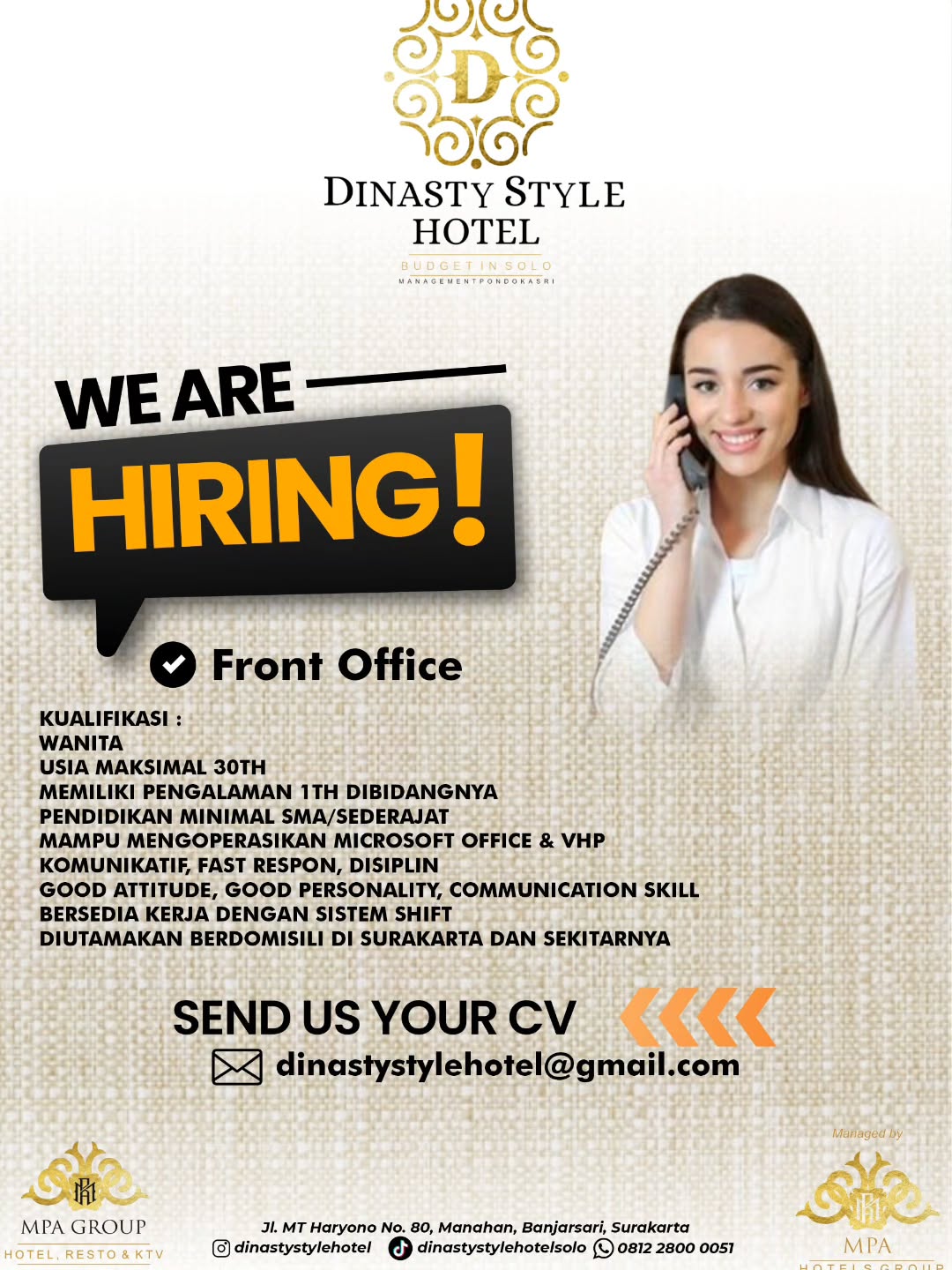 Lowongan Kerja Februari 2026 Front Office Dinasty Style Hotel di Solo ...