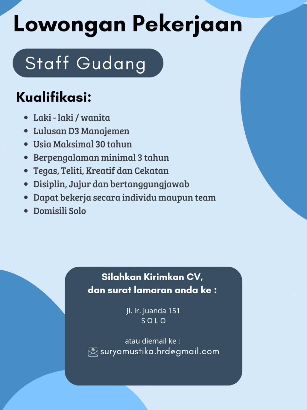 Lowongan Kerja Januari 2026 Staff Gudang Surya Mustika di Solo - INFO ...